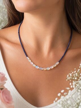 New Handmade Natural Opal Sapphire Necklace Solid 14k White Gold